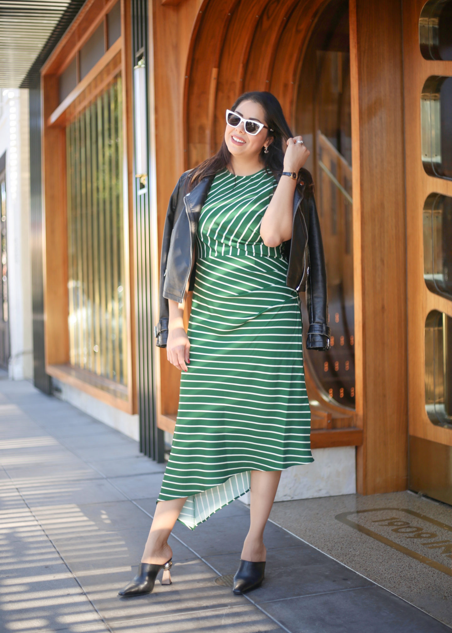 How to wear an assymetric striped dress, san diego style blogger, how to add edge to a chic outfit