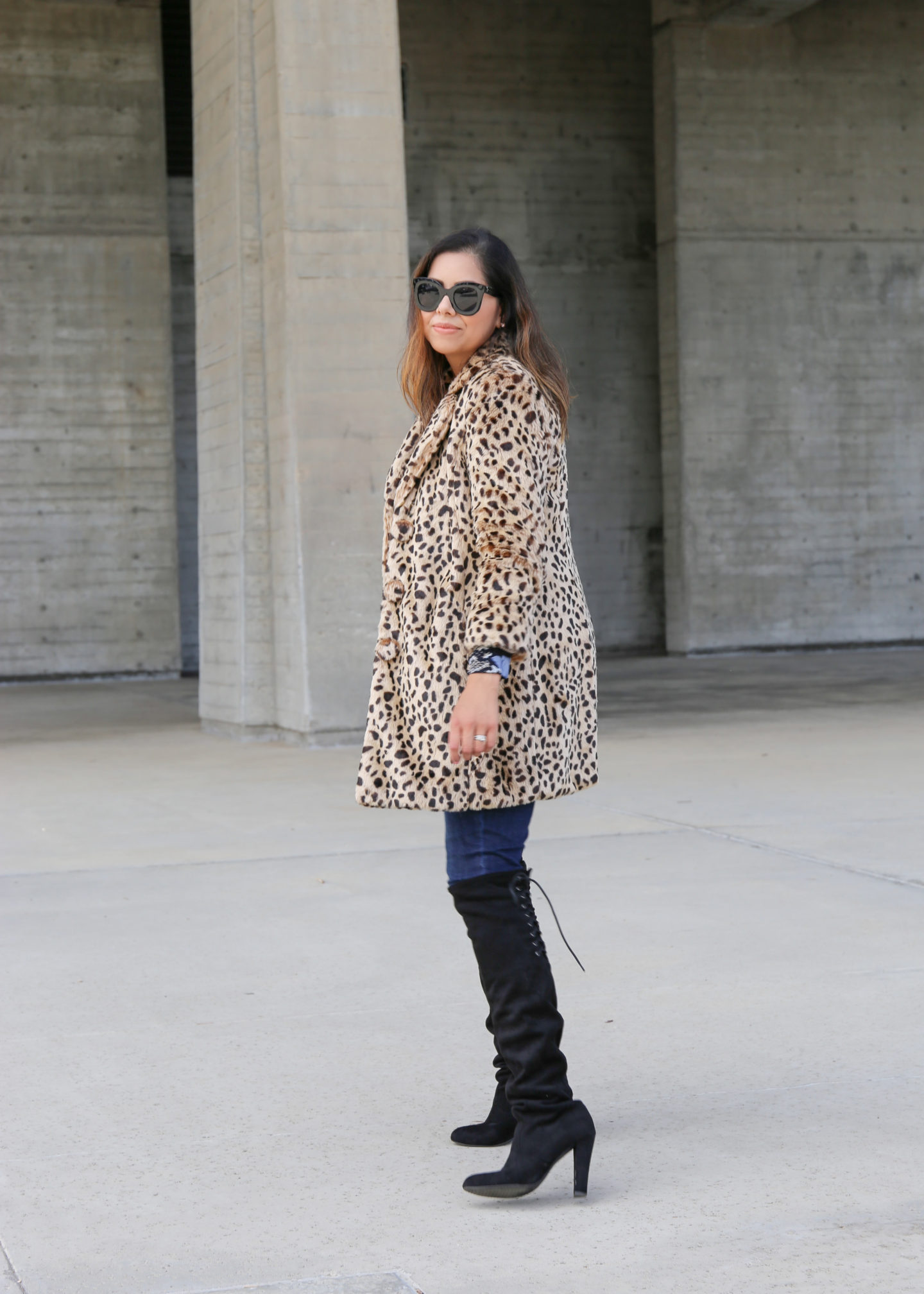 how to wear a faux fur leopard coat with over the knee boots, stylish fall 2019 outfit