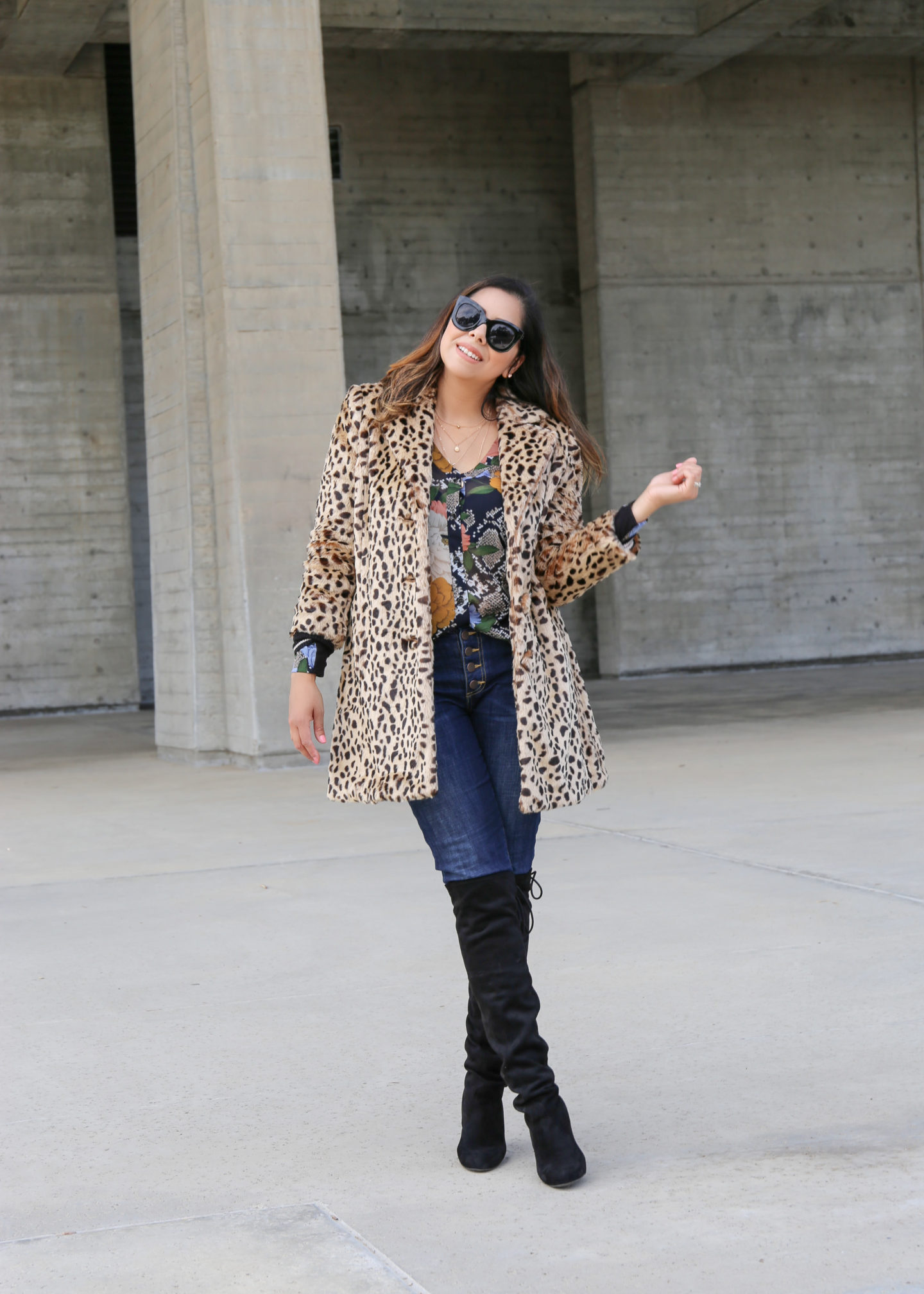 cabi josephine coat, leopard coat and over the knee boots outfit