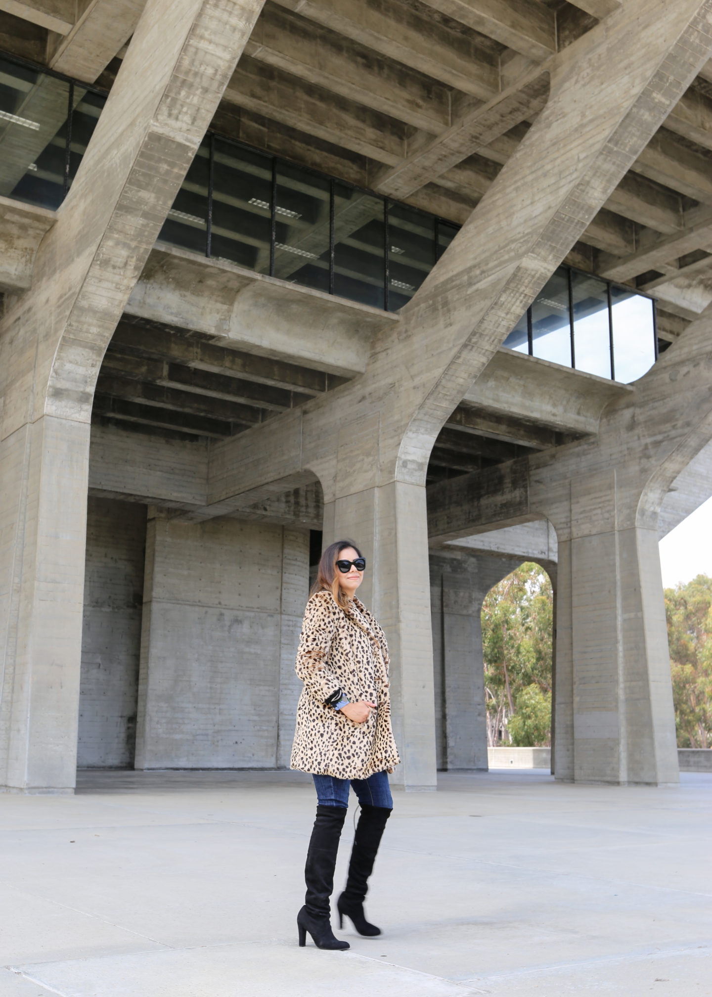 San Diego Fashion Blogger at UCSD, leopard coat with over the knee boots