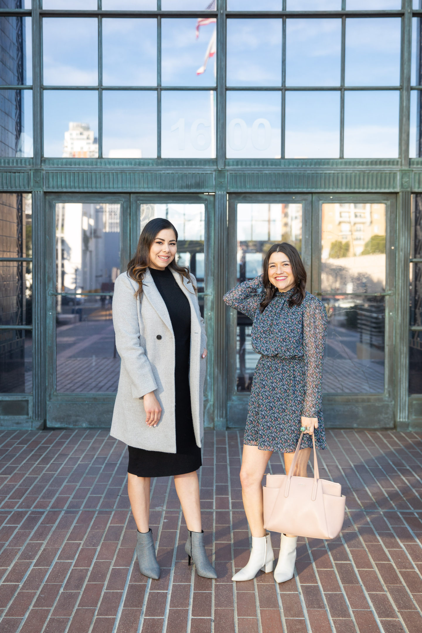 how to wear a gray coat to work, houndstooth pointed booties, floral dresses for work