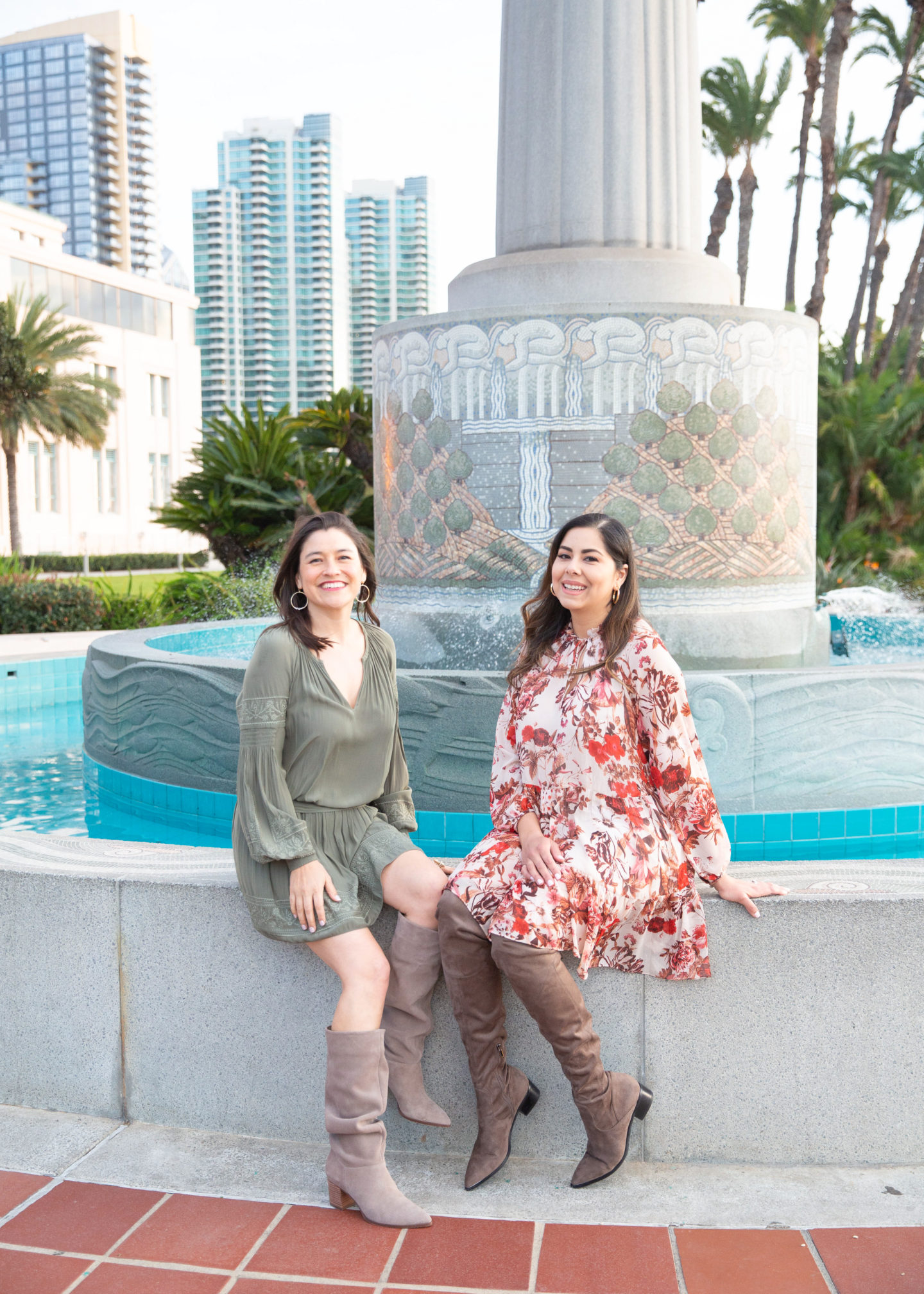 San Diego bloggers styling taupe boots, taupe tall boots outfit, over the knee taupe boots styled
