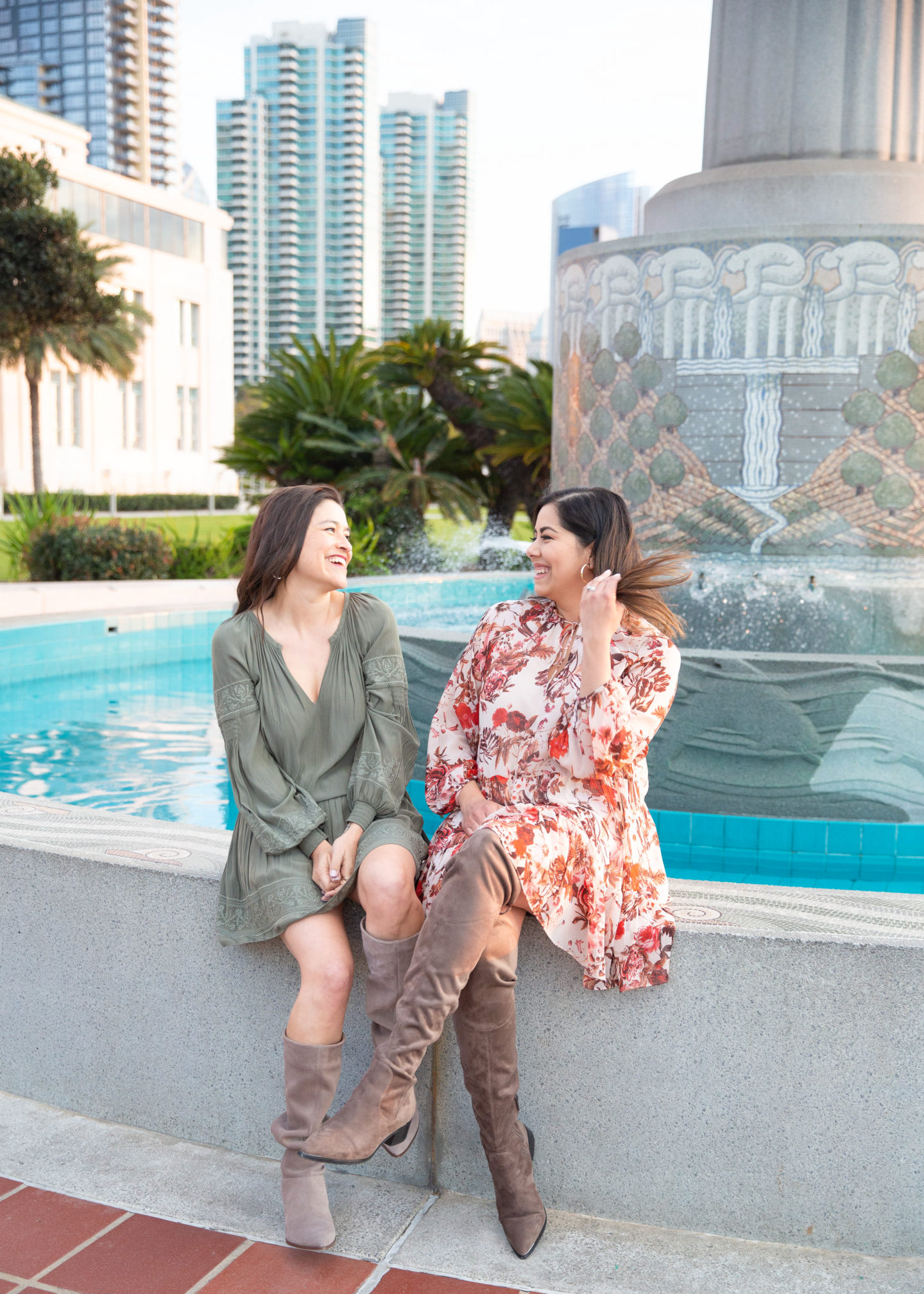 Women supporting women, how to style different taupe boots, san diego fashion influencers