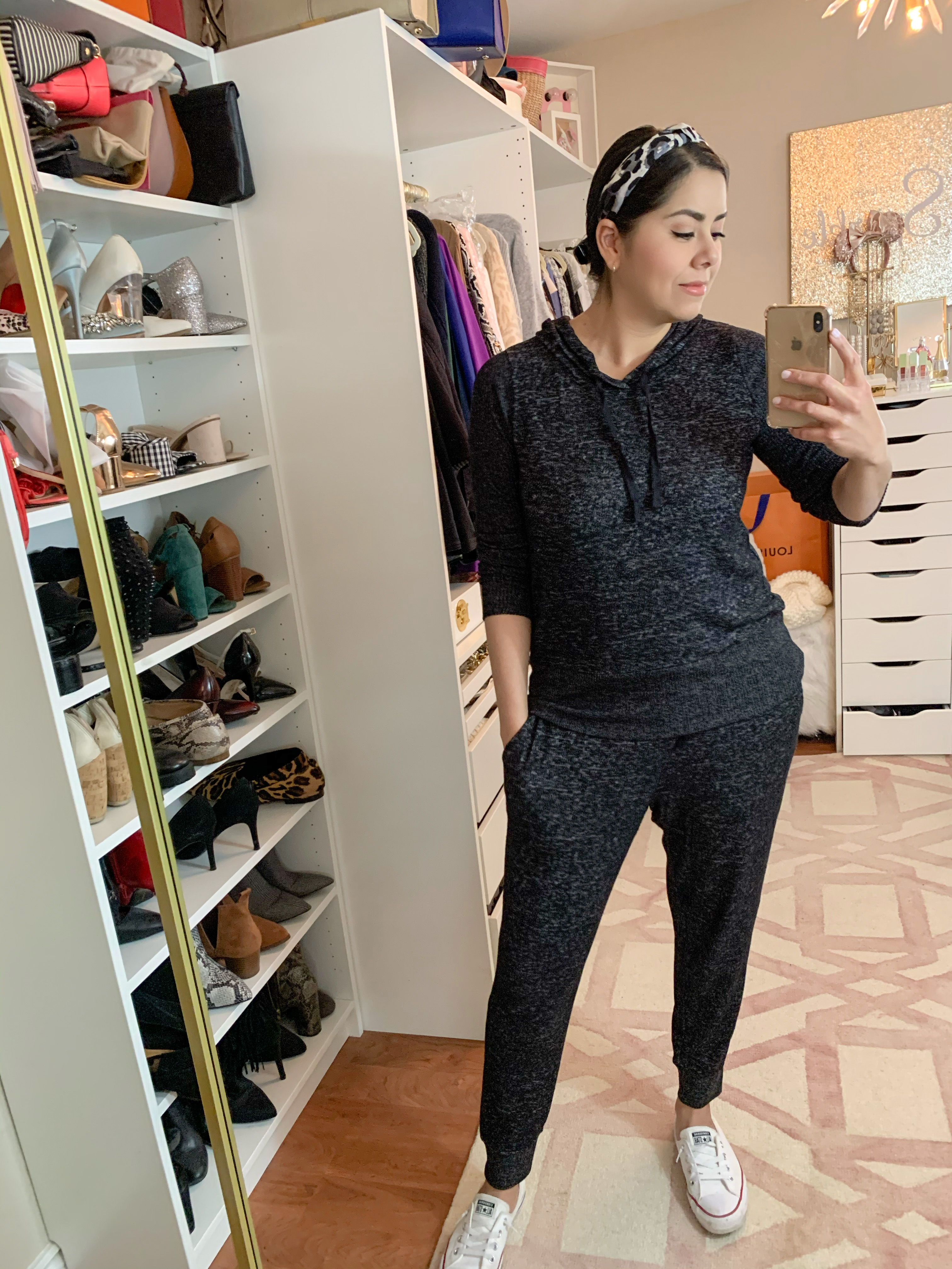 Affordable At Home Looks, Affordable Black Loungewear Set, Loungewear with converse slip ons
