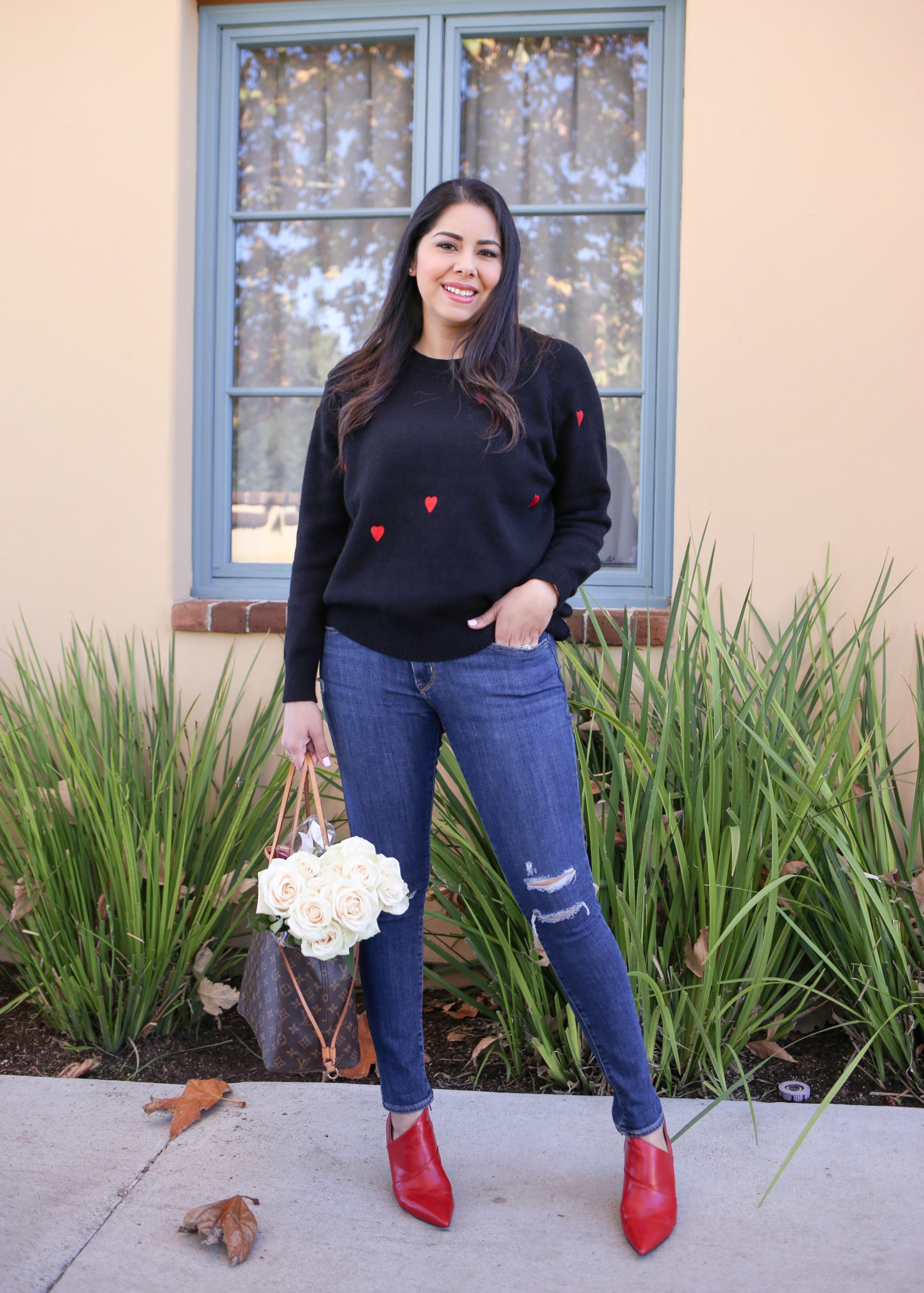 Valentine's Day Outfit, Heart sweater outfit, San Diego style blogger