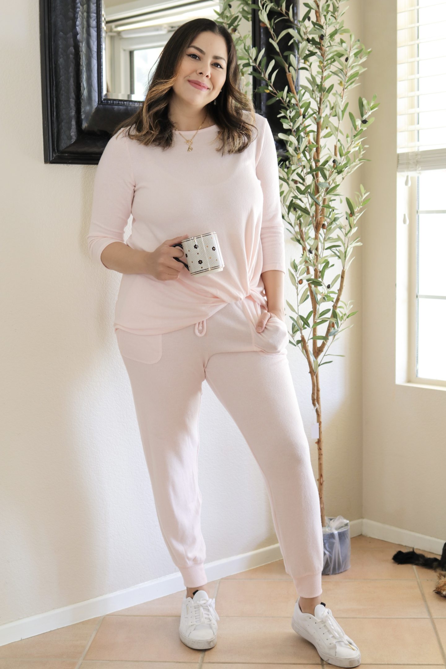 Comfortable Loungewear Sets, San Diego Style Blogger styling at home, sleek white adidas