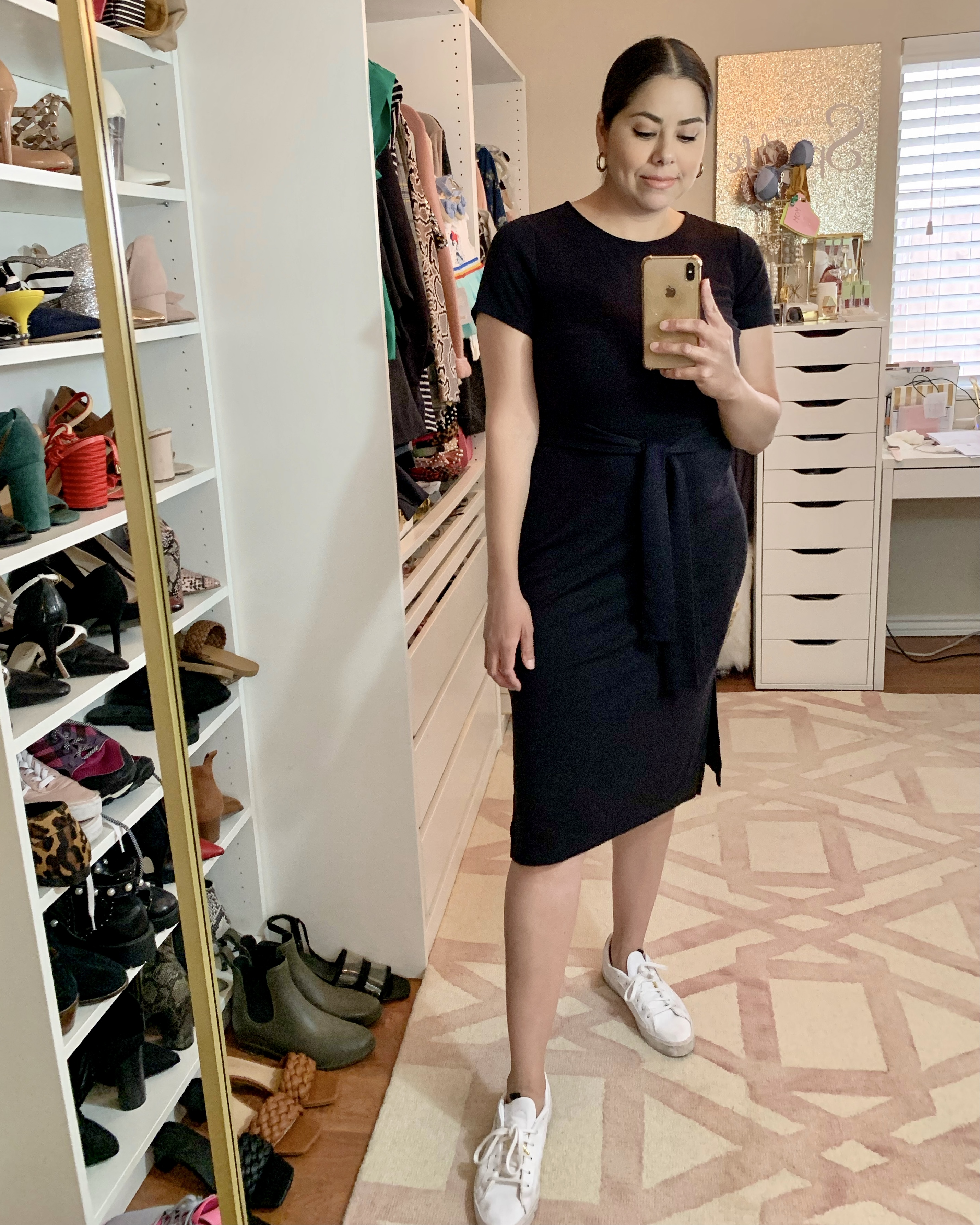 black midi dress outfit, white sneaker outfit, old navy summer style 2021