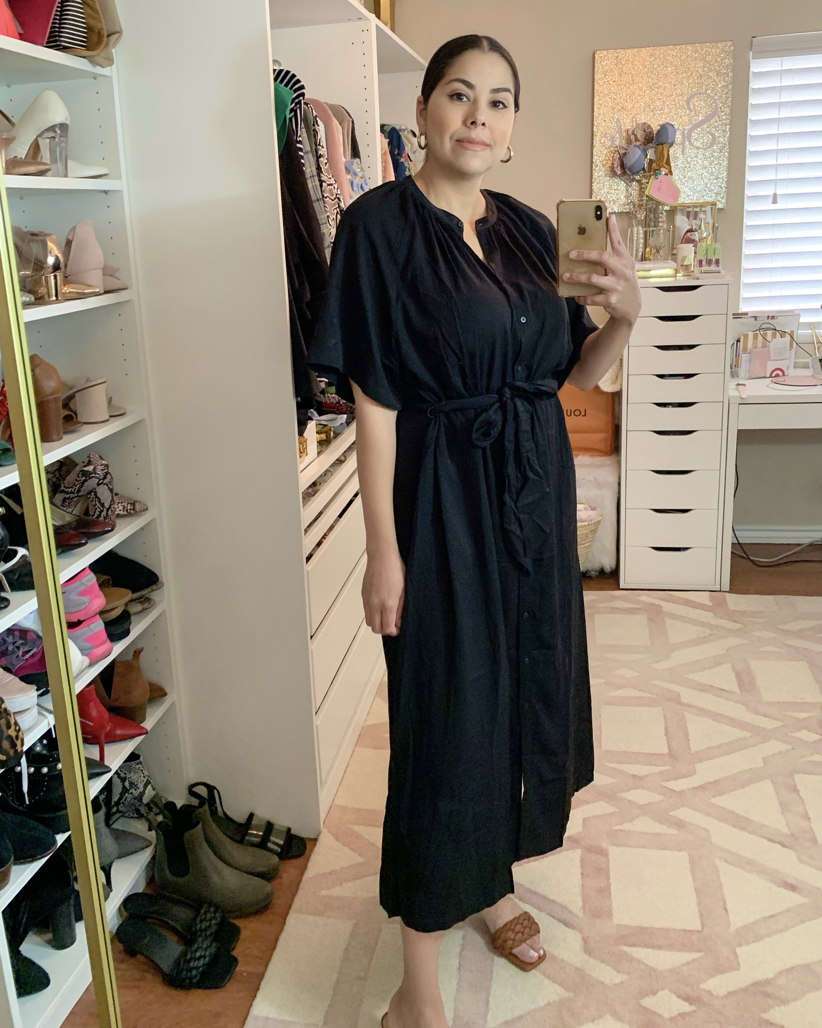 Black maxi shirt dress from H&M, Lounge chic casual outfit