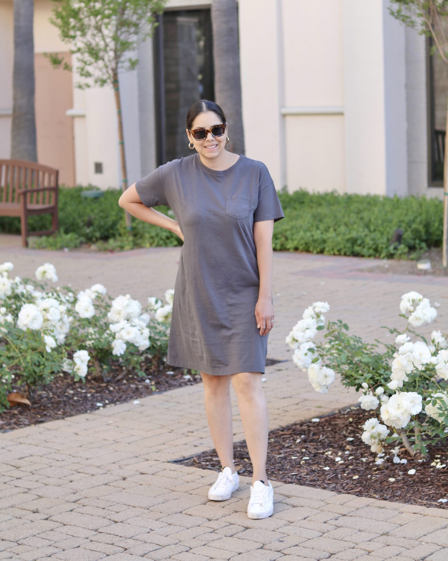 summer t shirt dress outfit with sneakers