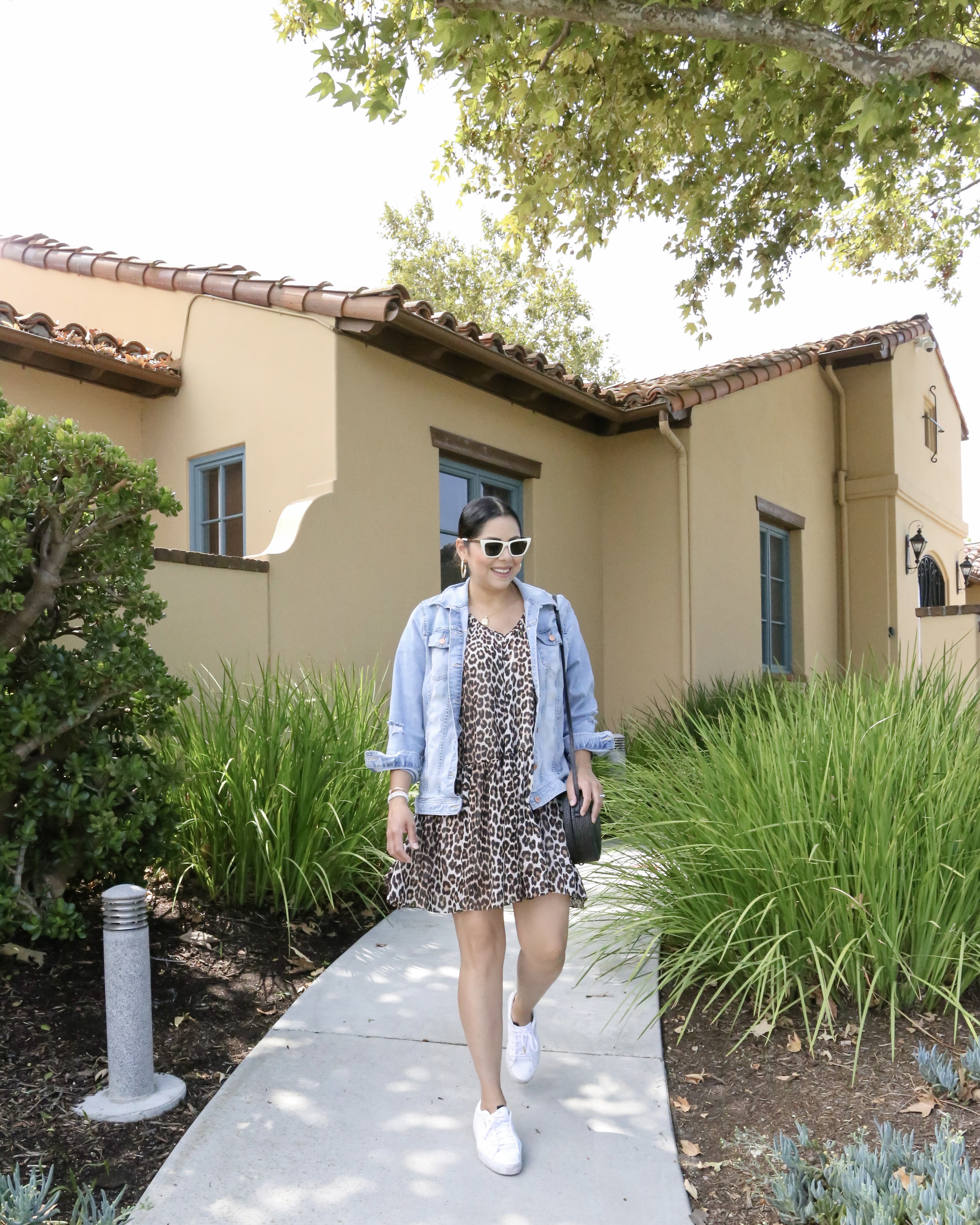 casual fall outfit, leopard dress with white sneakers