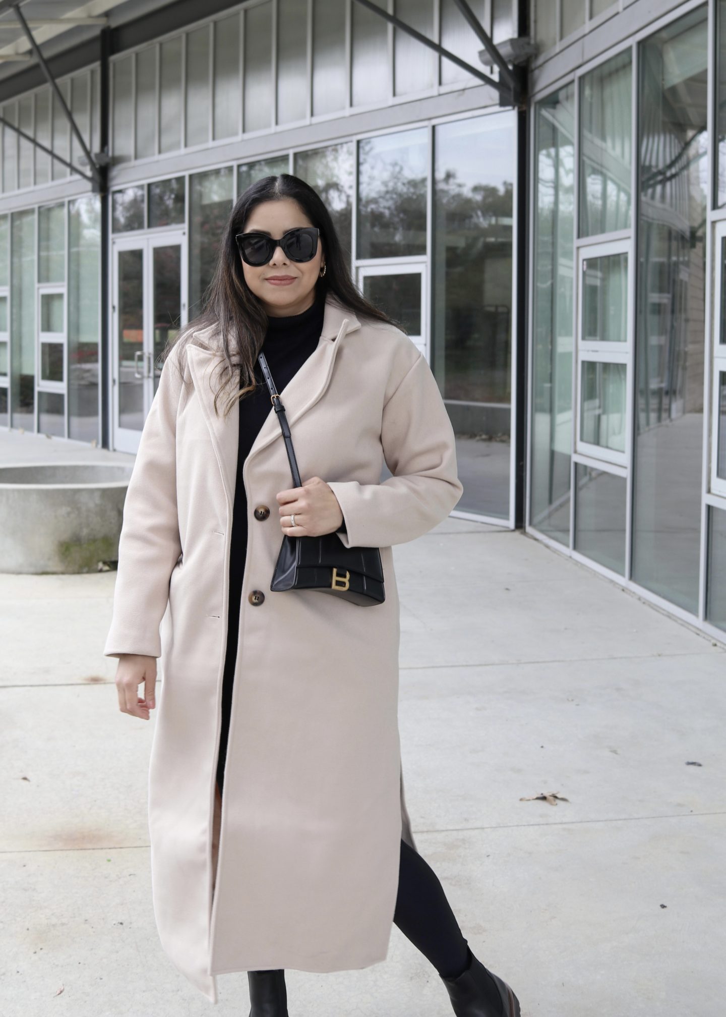 Black oversized sunglasses from Amazon, beige wool long coat, Balenciaga xs hourglass bag