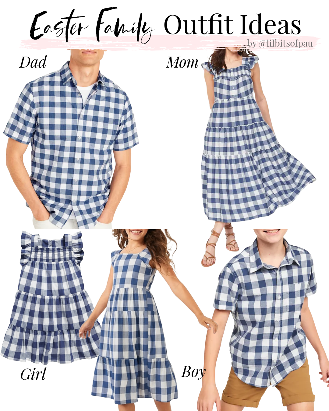 Matching Easter outfits for everyone in the family, family outfits, blue gingham looks for the family