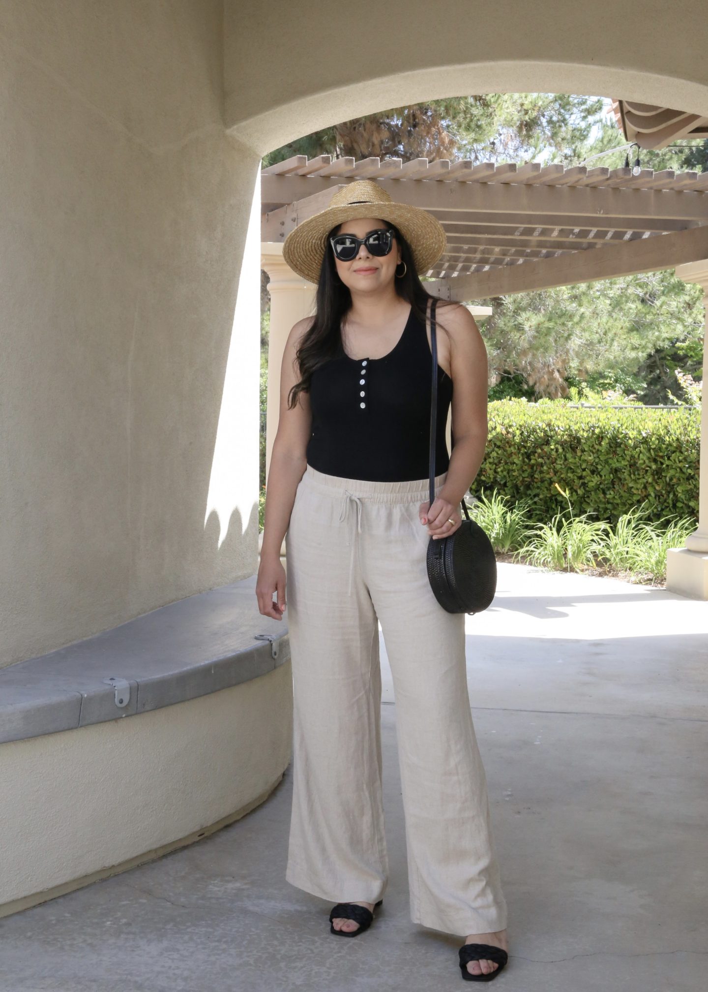 what to wear this summer, summer fashion outfit idea, black bodysuit with wide leg pants and braided sandals outfit