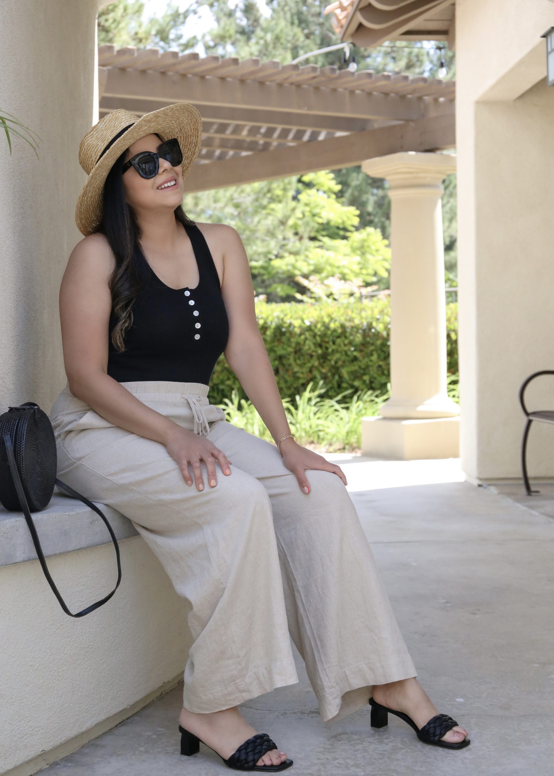 Black henley bodysuit, Midsize fashion blogger, Summer fashion for midsize women
