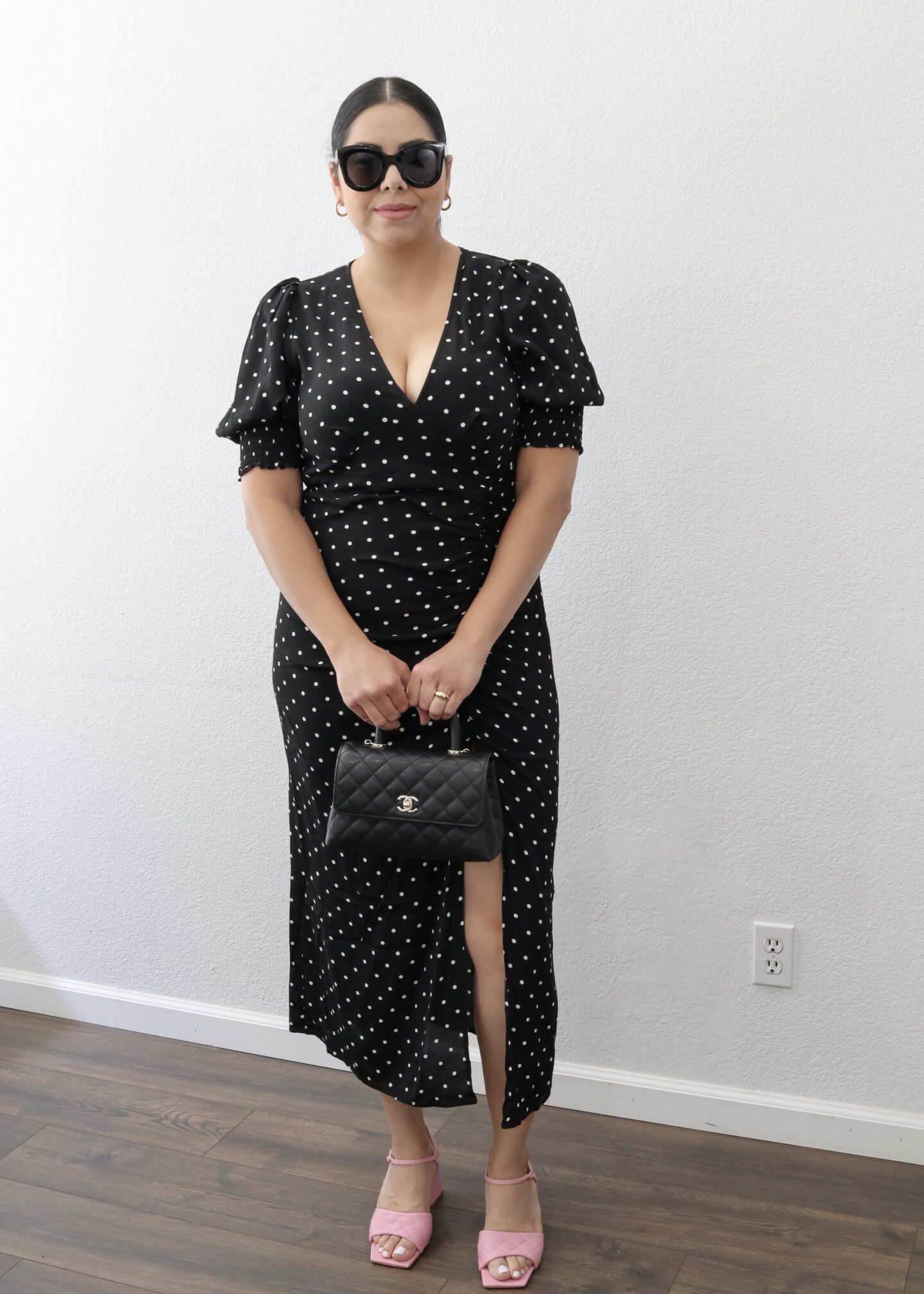 black oversized sunglasses, high low mix outfit idea, Chanel Coco Top handle bag