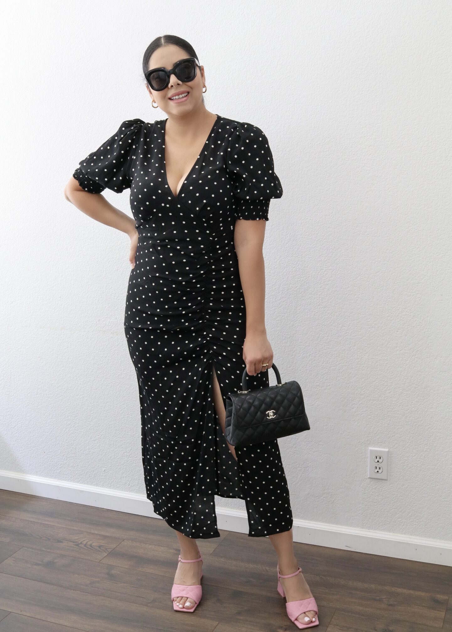 what to wear to brunch, baby shower guest, black polka dot midi dress, latina creator