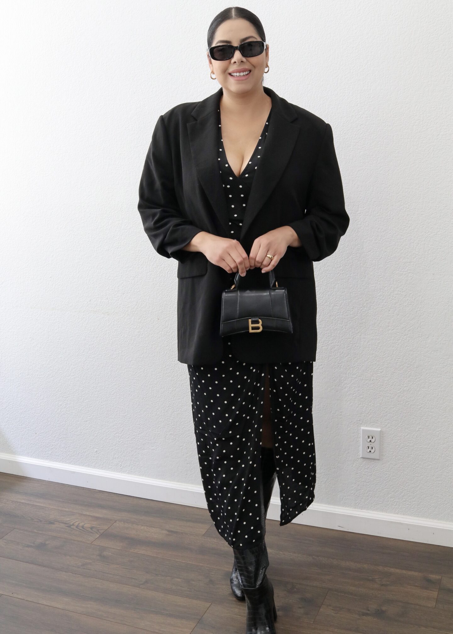 fall outfit idea with polka dot dress, black oversized blazer with midi dress, black square sunglasses from Amazon