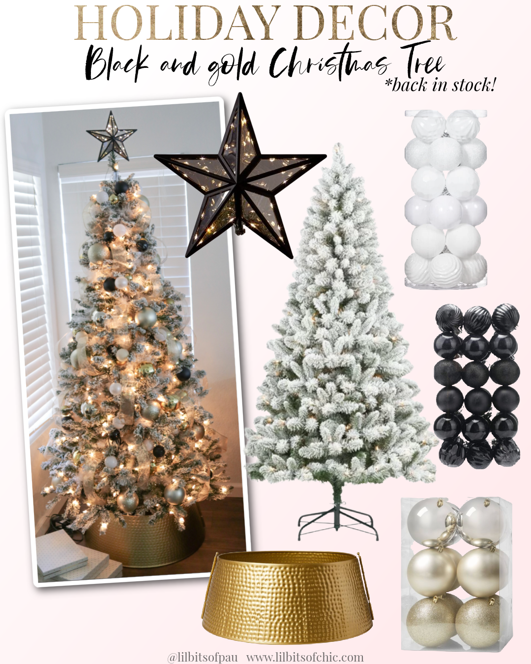 Black and gold Christmas tree decor ideas, how to decorate your Christmas tree, pre-lit flocked Christmas tree