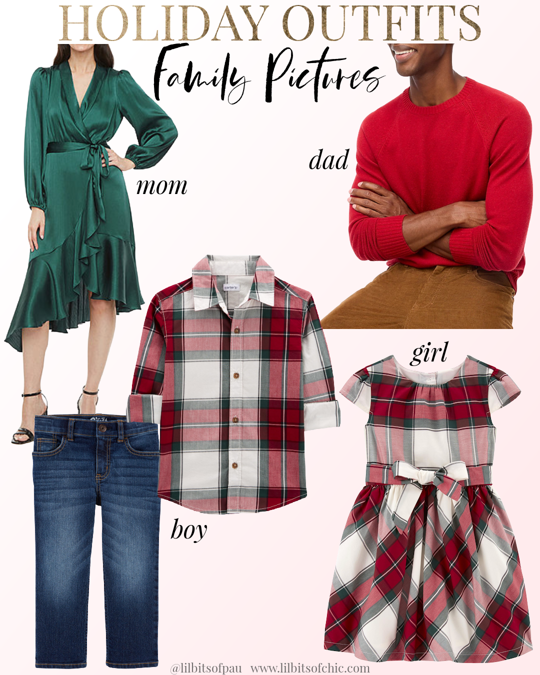 Elegant Christmas Picture outfits for the family, coordinating holiday outfits for the family