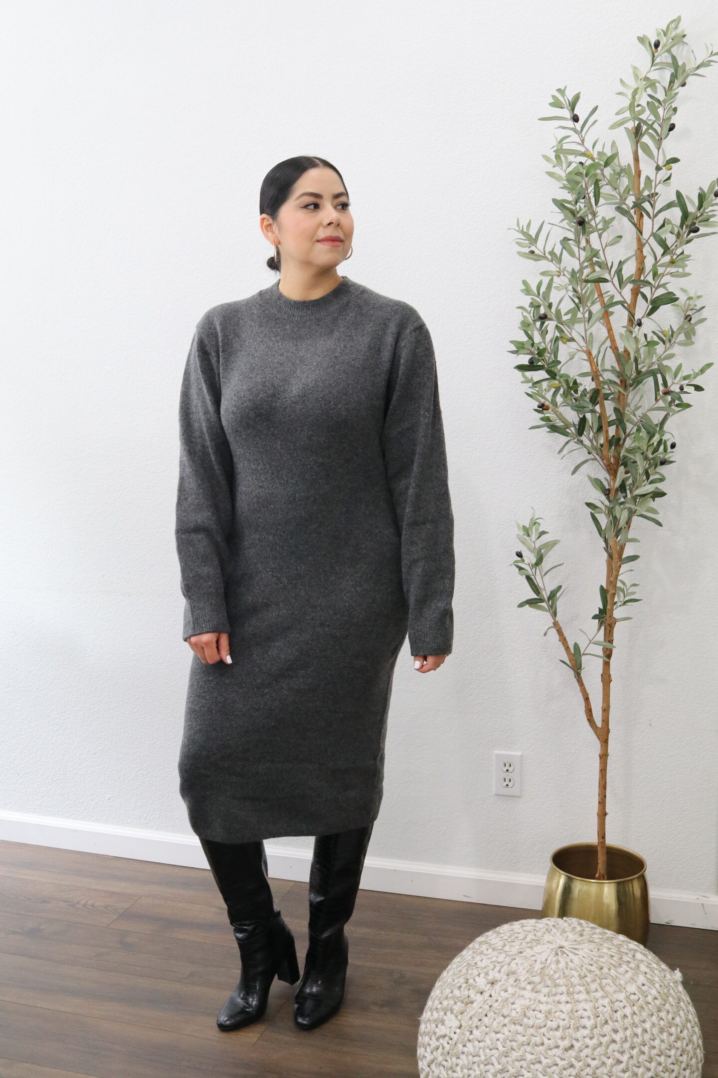 how to style croc embossed tall boots, winter workwear, cozy chic outfit idea with a midi sweater dress