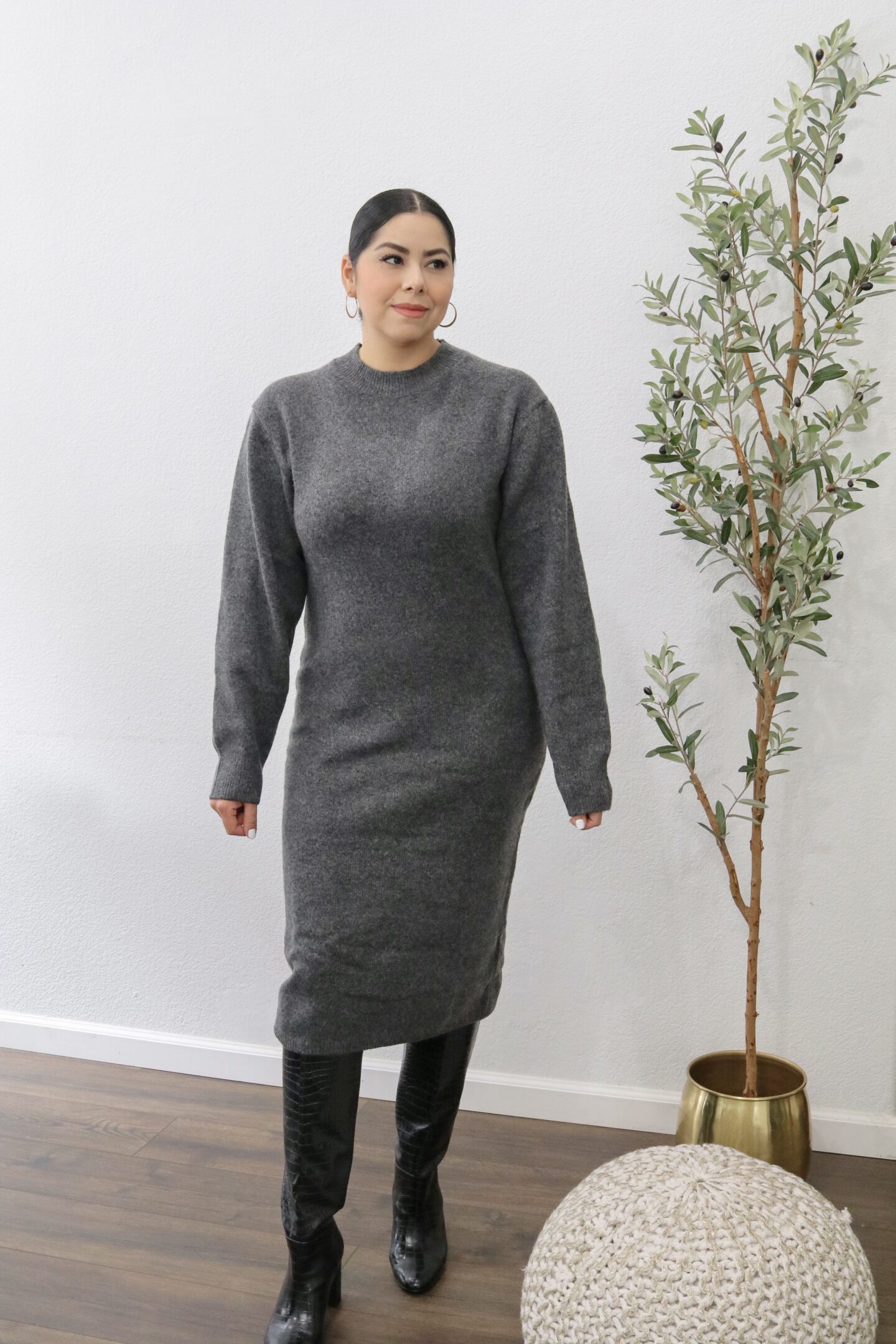 how to style a midi sweater dress, winter date night outfit idea, midi sweater dress with tall boots outfit