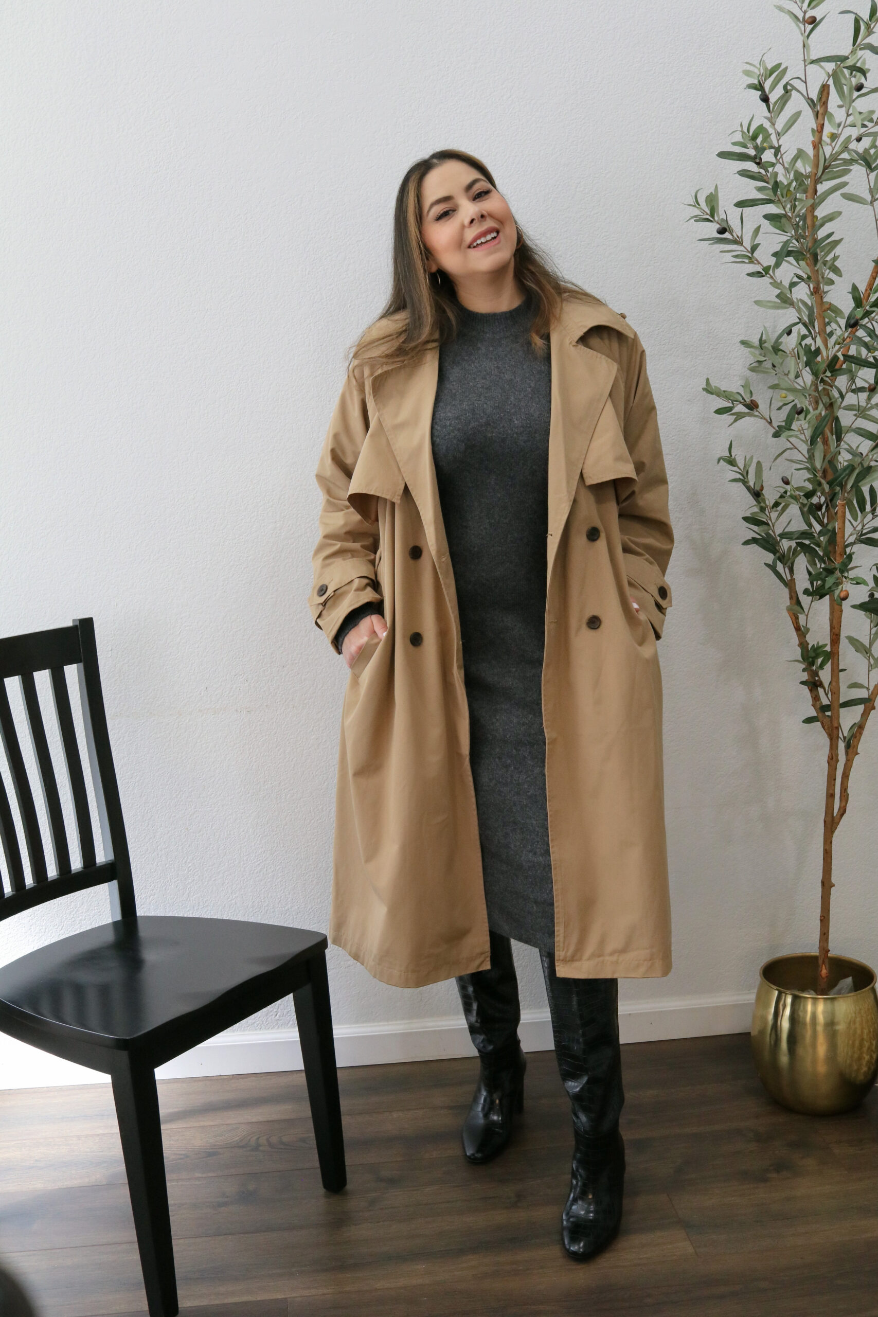 date night outfit, rainy day date night outfit, how to style a trench coat with boots