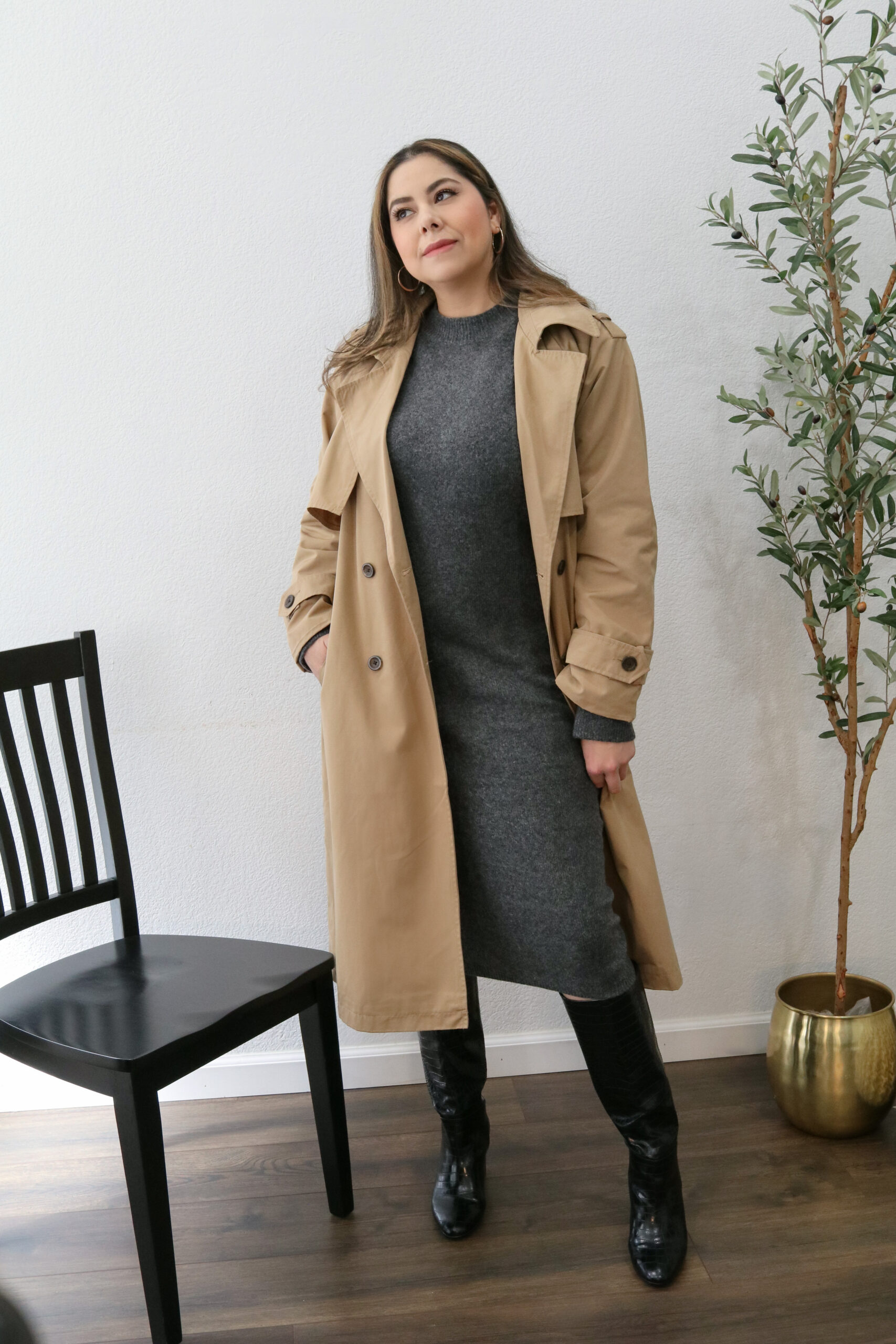 how to style a trench coat for work, chic workwear outfit, sweater midi dress and trench coat
