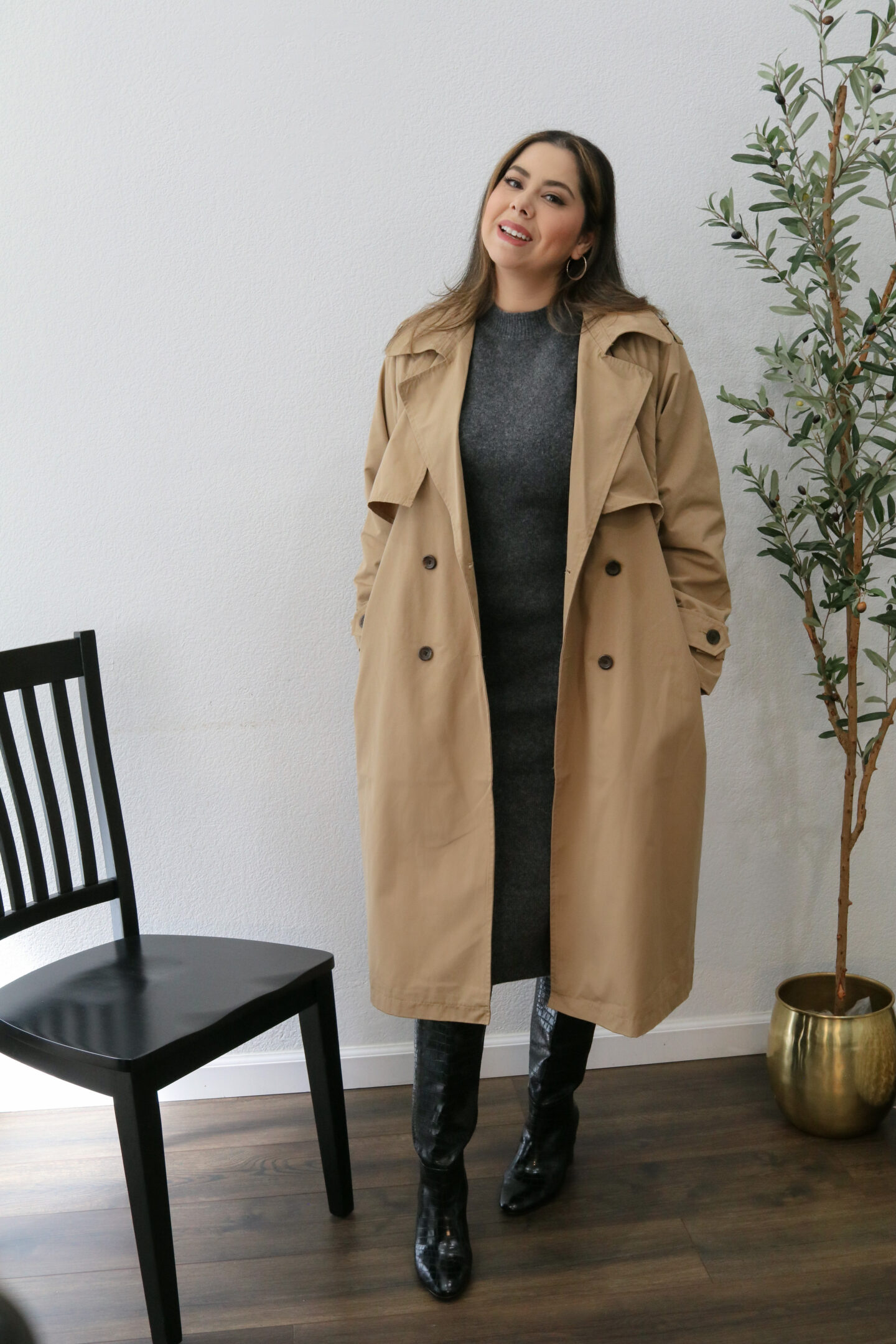 croc embossed boots with midi sweater dress, how to style a trench coat with a dress, chic trench coat outfit for women over 35