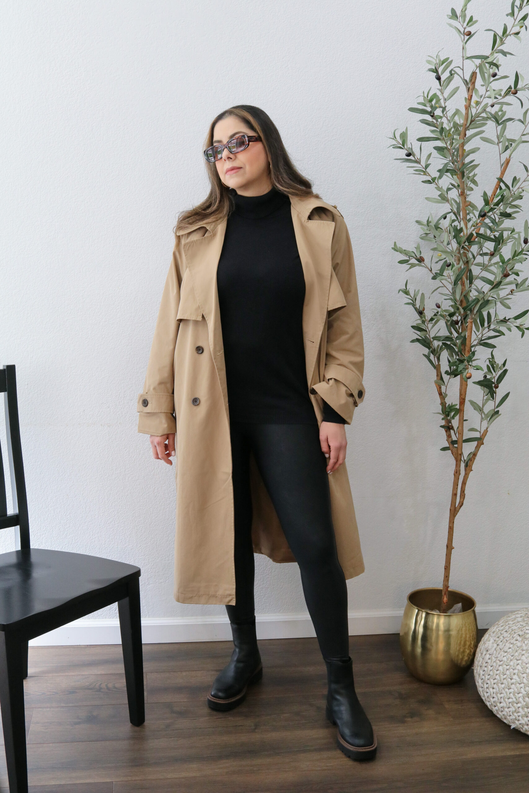 chic rainy day outfit, waterproof lug sole Chelsea boots, how to style Spanx faux leather leggings