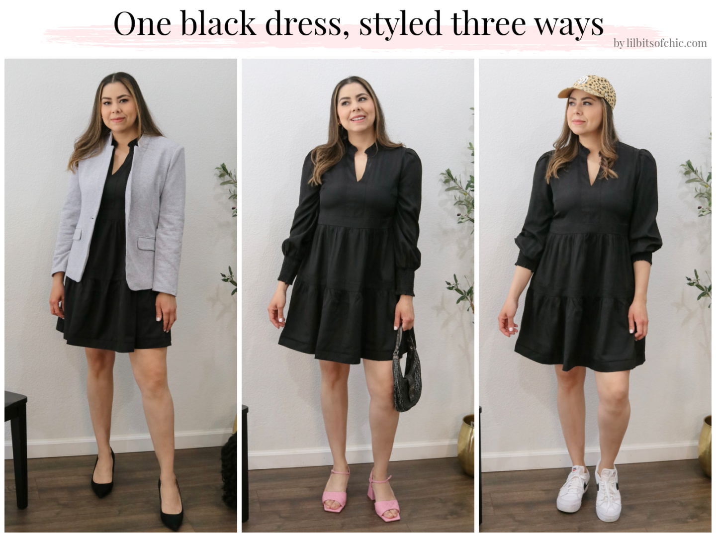 One black day dress styled three ways, how to restyle a little black dress, Gibsonlook dress styled for different occasions
