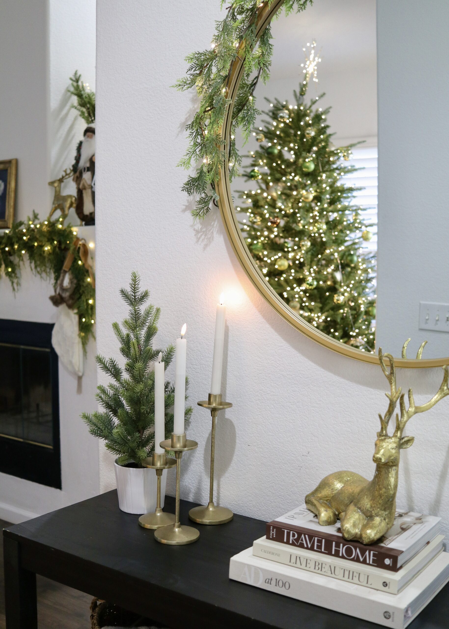 elegant and festive holiday decor for the entryway, flameless candles for the holidays