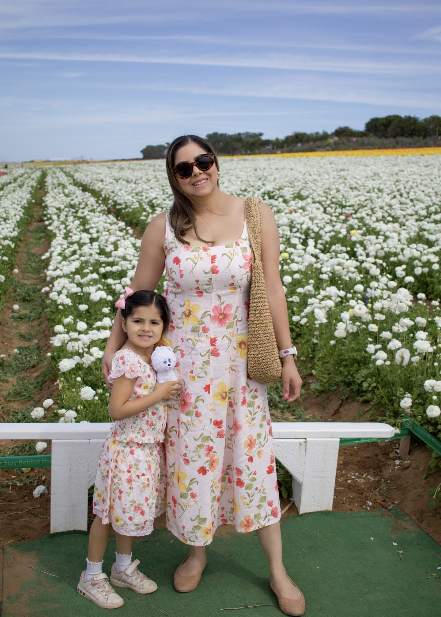Mommy and me matching dresses from Old Navy, latina mom and daughter at the Carlsbad Flower Fields